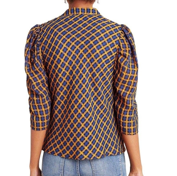 Eva Franco Anthropologie Plaid Button Down Blouse Womens 14 Orange Blue - Picture 3 of 13